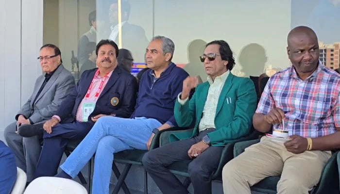 BCCI Secretary Rajeev Shukla (second from left) and PCB chairman Mohsin Naqvi (centre) watch the ICC Mens Champions Trophy semi-final between South Africa and New Zealand at the Gaddafi Stadium in Lahore on March 5, 2025. — PCB