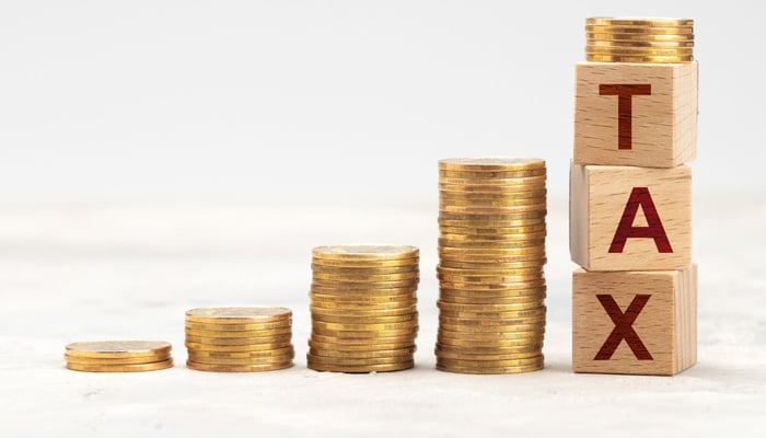 Representational image of coins with blocks ingraved with letters TAX. — Canva