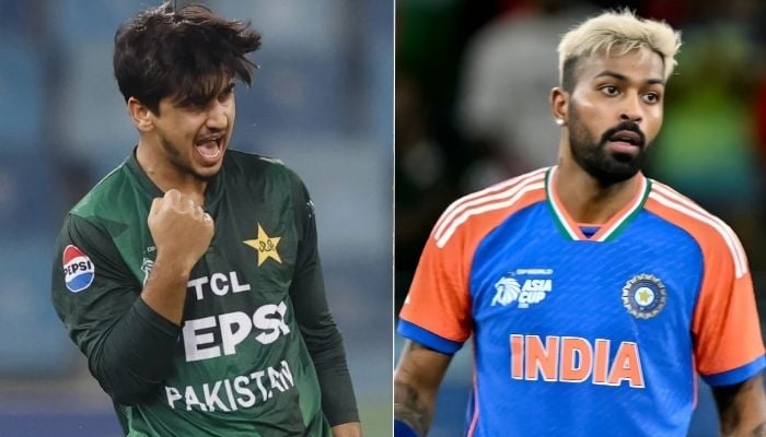 This collage shows Pakistani all-rounder Saim Ayub (left) and Indian cricketer Hardiik Pandiya. — ACC/AFP