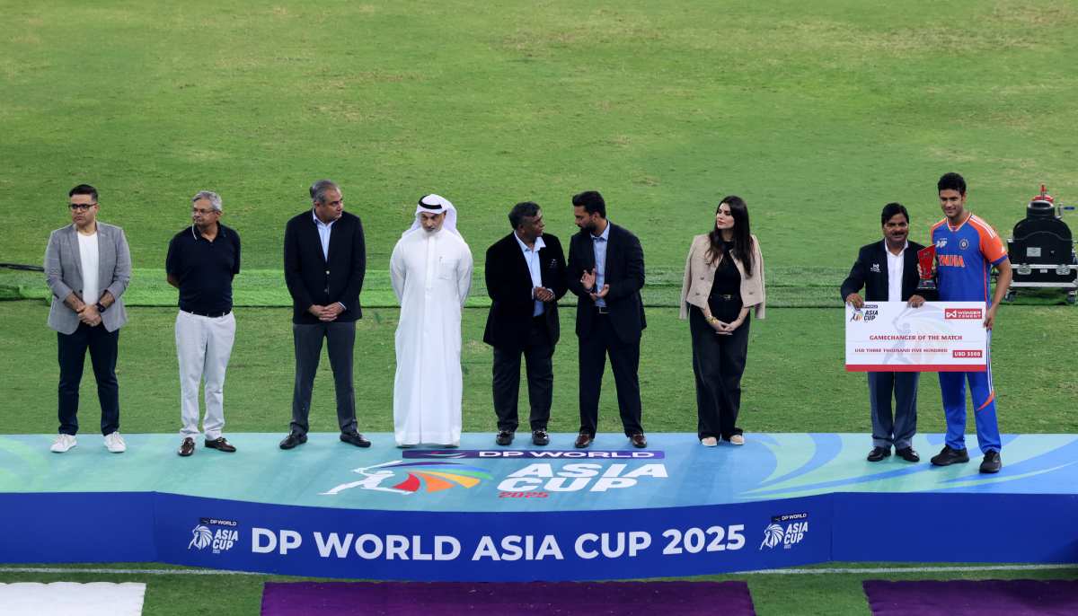 General view as Asian Cricket Council and Pakistan Cricket Board chairman Mohsin Naqvi stands on the podium with Emirates Cricket Board Vice Chairman Khalid Al Zarooni before the trophy presentations, after the final match at the Dubai International Cricket Stadium, Dubai, UAE, on Sunday September 28, 2025. — Reuters