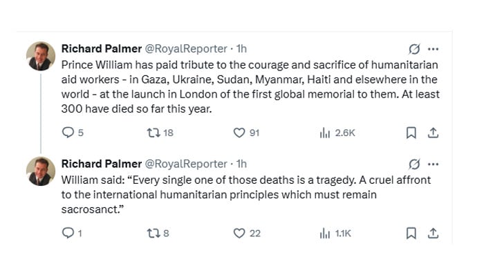 Prince William pays tribute to humanitarian aid workers