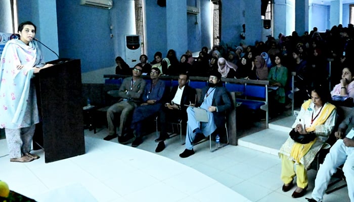 Dr Muneeba Ahsan Sayeed, associated with Dow University of Health Sciences, speaks during a seminar in Karachi, on October 1, 2025. — University of Karachi