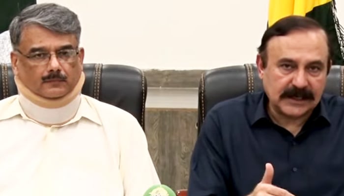 Federal Minister Tariq Fazal Chaudhry (right) addresses press conference along with Azad Jammu and Kashmir Pirme Minister Chaudhry Anwar-ul-Haq in Muzaffarabad, AJK, October 1, 2025. — Screengrab via YouTube/Geo News