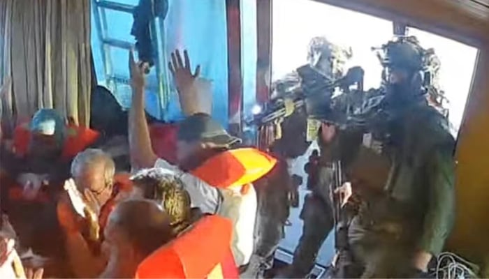 A screengrab from a live stream video shows Israeli navy forces aboard the Gaza-bound vessel Florida, part of the Global Sumud Flotilla, which flotilla organisers report has been intercepted, October 2, 2025. — Reuters