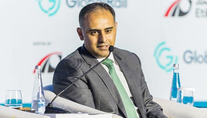 Minister of State for Finance and Railways Bilal Azhar Kayani speaks during panel discussion in conference held in Abu Dhabi on October 2, 2025. — PID