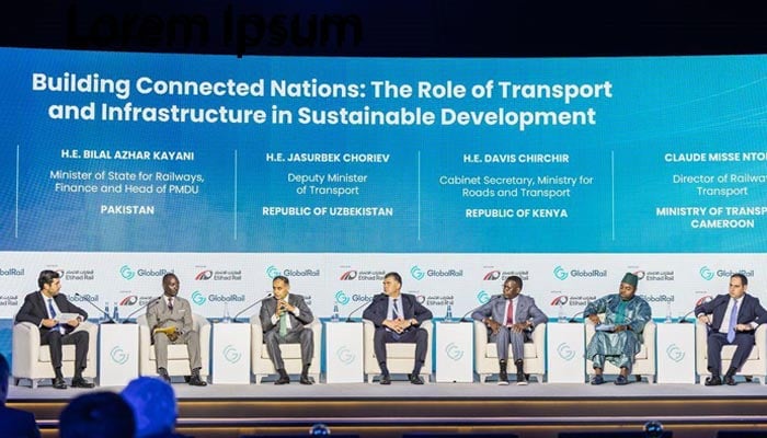 Minister of State for Finance and Railways Bilal Azhar Kayani speaks during panel discussion in conference held in Abu Dhabi on October 2. — PID