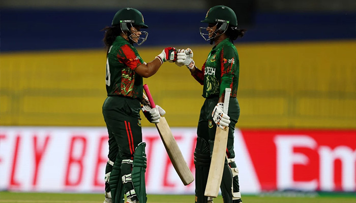 Bangladeshs Rubya Haider (left) and Nigar Sultana bump fists during their ICC Womens Cricket World Cup match against Pakistan at the R Premadasa Stadium in Colombo on October 2, 2025. — ICC