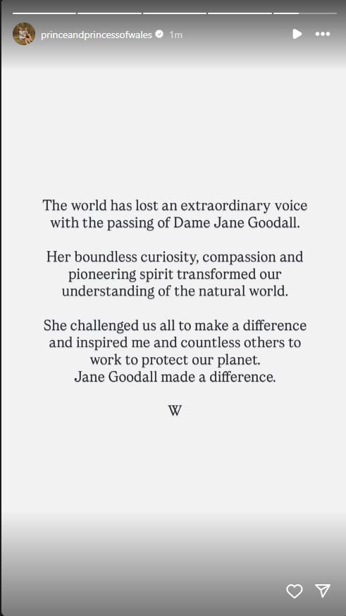 Prince William pens a letter in memory of Dame Jane Morris Goodall