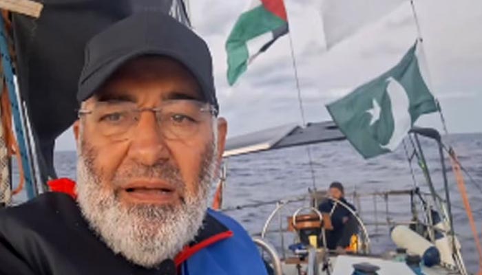 A screengrab shows Mushtaq Ahmed Khan aboard the Gaza-bound vessel, part of the Global Sumud Flotilla. — X/ SenatorMushtaq