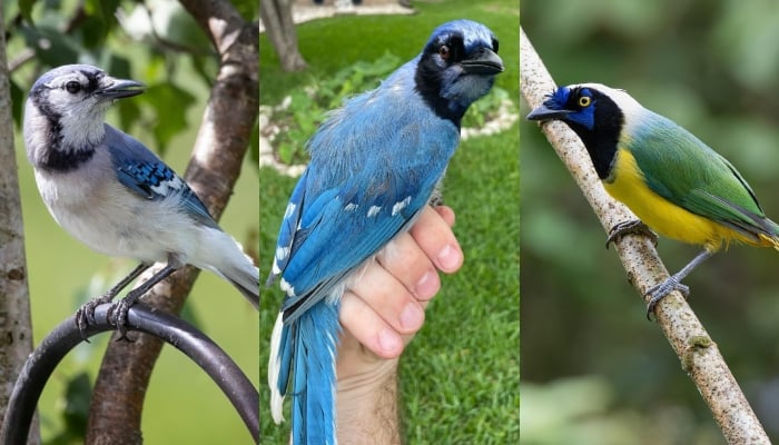A rare hybrid (center) identified in a San Antonio suburb is the result of mating between a male blue jay (left) and a female green jay, a study found. — Pexels/University of Texas at Austin/Canva