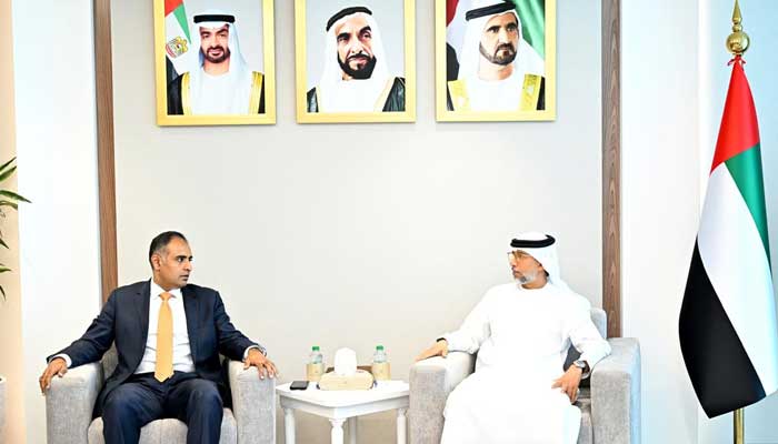 Minister of State for Finance and Railways, Bilal Azhar Kayani (left) pictured during a meeting with UAE Minister of Energy and Infrastructure Suhail Mohamed Al Mazrouei. — Geo News