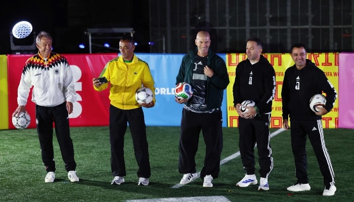 Former footballers Jurgen Klinsmann, Cafu, Zinedine Zidane, Alessandro Del Piero, and Xavi Hernandez attend the official launch of the FIFA World Cup 2026 Match Ball Trionda at Brooklyn Bridge Park on October 02, 2025, in New York City, US. — AFP