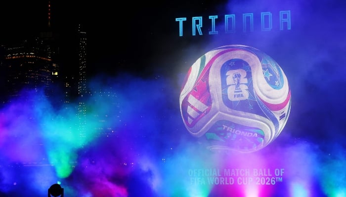 General view has holograms are displayed during the official launch of the FIFA World Cup 2026 Match Ball Trionda at Brooklyn Bridge Park on October 02, 2025 in New York City. — AFP