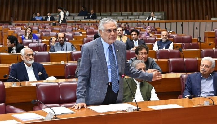 DPM and FM Ishaq Dar speaks during a NA session on October 3, 2025. — X@NAofPakistan