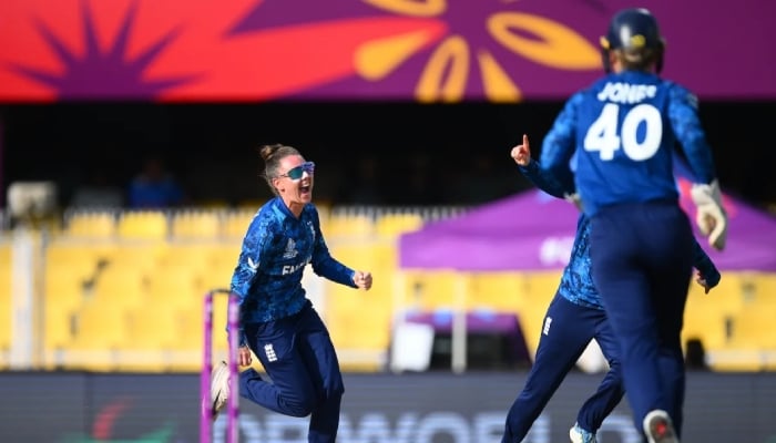 Englands Linsey Smith celebrates after taking a wicket during their Women’s World Cup 2025 game against South Africa in Guwahati, India, October 3, 2025. — ICC