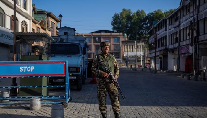 An Indian security force personnel stands guard on a street in Srinagar in Indian Illegally Occupied Jammu and Kashmir (IIOJK), April 29, 2025. — Reuters