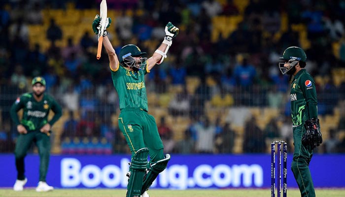 South Africas Keshav Maharaj celebrates after hitting the winning runs during the ICC Mens Cricket World Cup match against Pakistan in Chennai, on October 27, 2023. — REuters