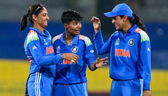 Indias Kranti Gaud (centre) celebrates with Smriti Mandhana and Harmanpreet Kaur after she got Pakistans Aliya Riaz during the ICC Womens Cricket World Cup 2025 match against Pakistan at the R Premadasa Stadium in Colombo on October 5, 2025. — AFP