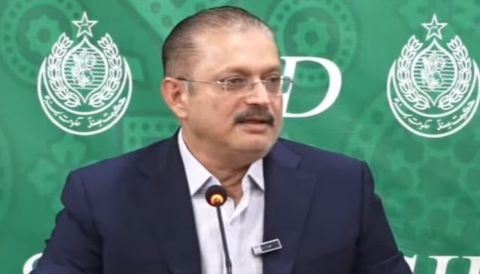Sindh Information Minister Sharjeel Inam Memon speaks during a press conference in Karachi on October 5, 2025. — Screengrab via Geo News