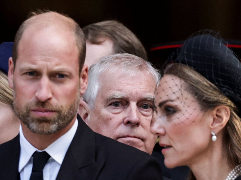 Britains Prince Andrew stands behind Prince William and his wife Catherine, Princess of Wales, as they leave Westminster Cathedral at the end of the Requiem Mass, on the day of the funeral of Britains Katharine, Duchess of Kent, in London, Britain, September 16, 2025. REUTERS/Toby Melville