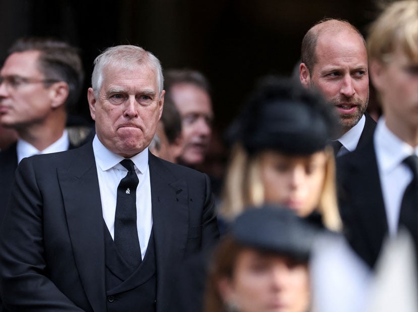 Britains Prince Andrew stands next to Prince William at the end of the Requiem Mass, on the day of the funeral of Britains Katharine, Duchess of Kent, at Westminster Cathedral in London, Britain, September 16, 2025. REUTERS/Toby Melville