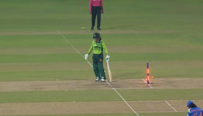 Pakistan’s Muneeba Ali being run out by Indian team during their ICC Womens World Cup 2025 match against India at the R. Premadasa Stadium in Colombo on October 5, 2025. – Screengrab/X