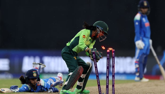 Pakistan wicketkeeper attempts to stump an Indian batter during the ICC Women’s World Cup match at Colombo’s R. Premadasa Stadium on October 5, 2025. — X/ @TheRealPCB