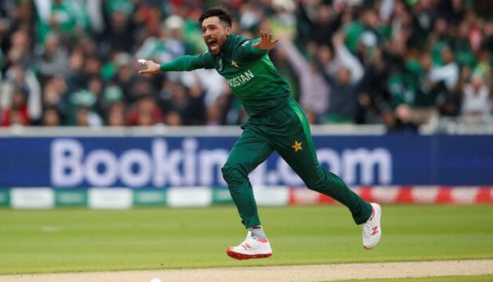 Pakistans Mohammad Amir celebrates taking the wicket of New Zealands Martin Guptill in Edgbaston, Birmingham of Britian on June 26, 2019. — Reuters