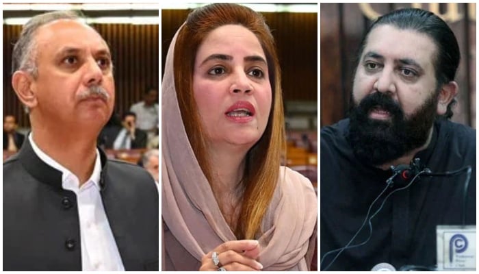 (From left to right) PTI leaders Omar Ayub, Zartaj Gul and Sheikh Waqas Akram. — X@NAofPakistan/Facebook@ZartajGulWazirOfficial/PPI/File