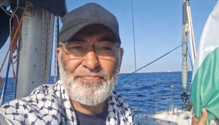 A screengrab shows Mushtaq Ahmed Khan aboard the Gaza-bound vessel, part of the Global Sumud Flotilla. — X/ SenatorMushtaq