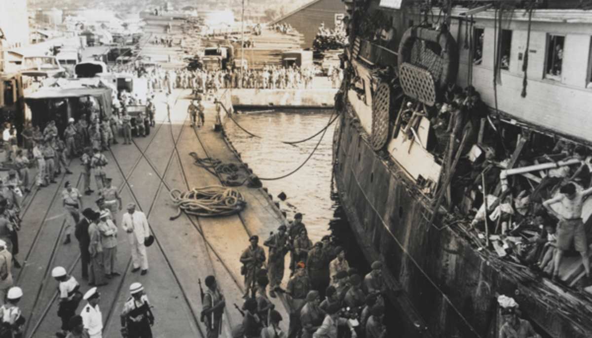 The refugee ship SS ‘Exodus’ at Haifa Docks, 1947. — National Army Museum