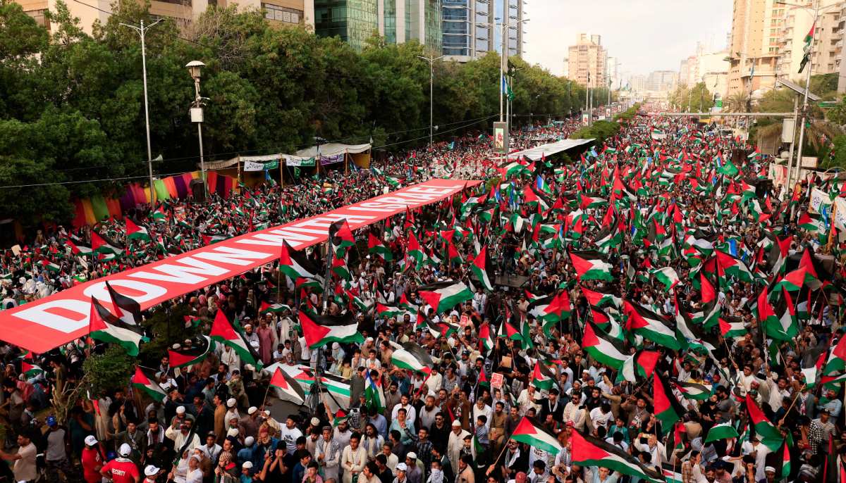 Rally in solidarity with Palestinians and to condemn interception of the Global Sumud Flotilla vessels, in Karachi on October 5, 2025. — Reuters