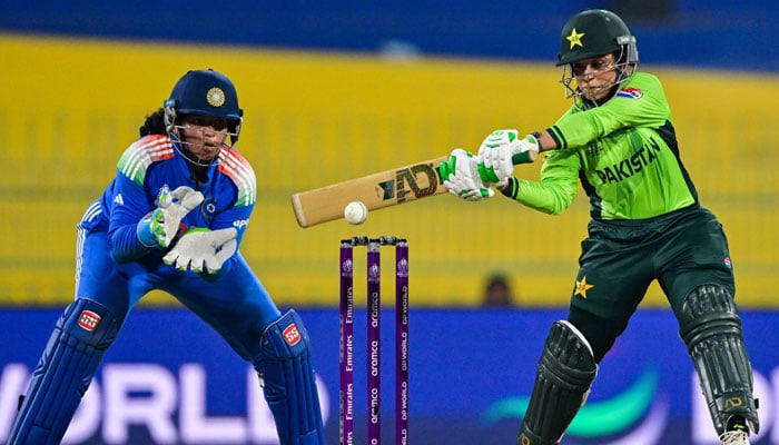 Pakistans Sidra Amin (R) plays a shot during the ICC Womens Cricket World Cup 2025 one-day international (ODI) match between India and Pakistan at the R. Premadasa International Cricket Stadium in Colombo on October 5, 2025.— AFP