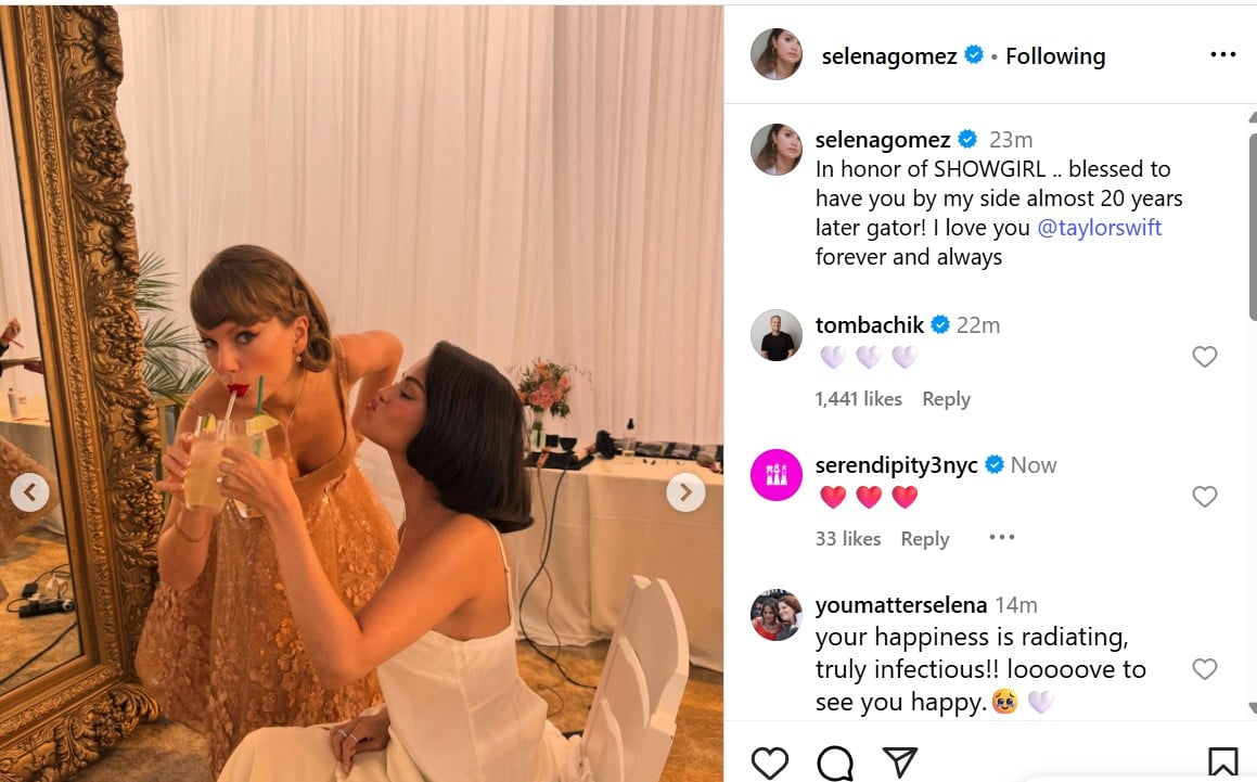 Selena Gomez celebrates Taylor Swifts new album The Life of a Showgirl with heartfelt message