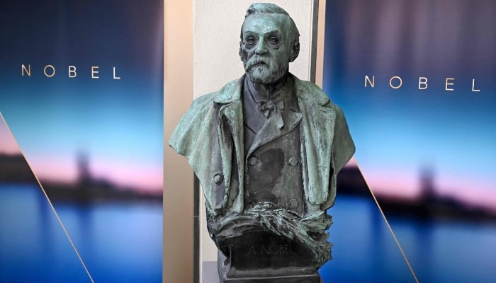 A bust of Swedish chemist, inventor and businessman Alfred Nobel, founder and namesake of the Nobel Prizes, is pictured on October 6, 2025 at the Karolinska Institute in Stockholm, Sweden, prior to the announcement of the winner of the 2025 Nobel Prize in Physiology or Medicine. — AFP