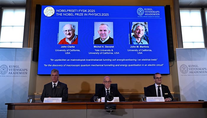 John Clarke, Michel H Devoret and John M. Martinis are announced this years Nobel Prize winners in Physics, by the Royal Swedish Academy of Sciences at a press conference in Stockholm, Sweden, on October 7, 2025. — AFP