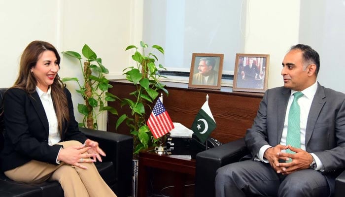 The Acting Ambassador of the United States to Pakistan, Natalie E Baker, meets Minister of State for Finance and Railways Bilal Azhar Kayani in Islamabad, on October 7, 2025. — PID