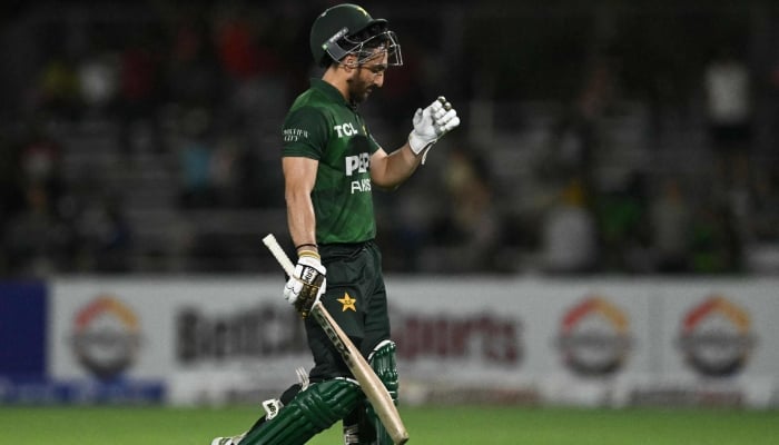 Pakistans Salman Ali Agha reacts as he walks back after being given out LBW during the second T20I against West Indies at Central Broward Park and Broward County Stadium in Lauderhill, Florida, on August 2, 2025. — AFP