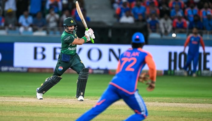 Pakistans Sahibzada Farhan plays a shot during their Asia Cup 2025 final against India at the Dubai International Stadium on September 28, 2025. — AFP