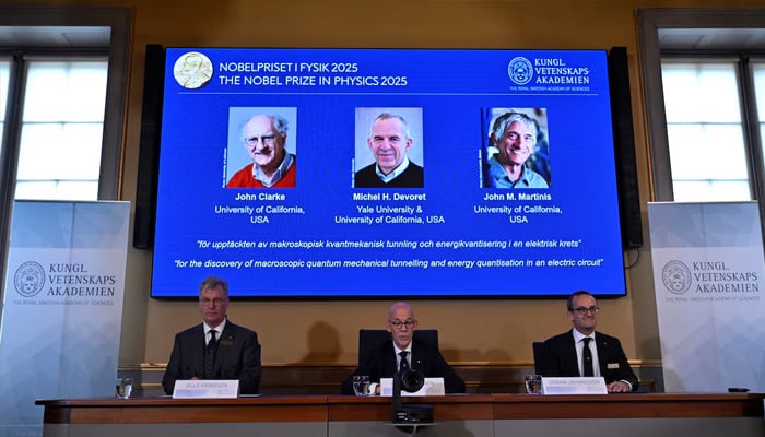 John Clarke, Michel H Devoret and John M. Martinis are announced this years Nobel Prize winners in Physics, by the Royal Swedish Academy of Sciences at a press conference in Stockhom, Sweden October 7, 2025. — Reuters