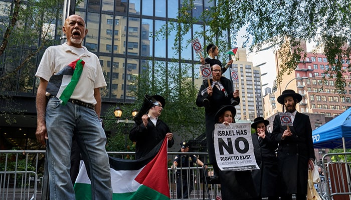 Pro-Palestinian demonstrators, including anti-Zionist Haredi Jews, protest near the UN headquarters condemning Israel’s invasion of Gaza and Israeli Prime Minister Benjamin Netanyahu, after his speech at the 80th United Nations General Assembly, at Dag Hammarskjold Plaza in New York City, US, September 26, 2025. — Reuters