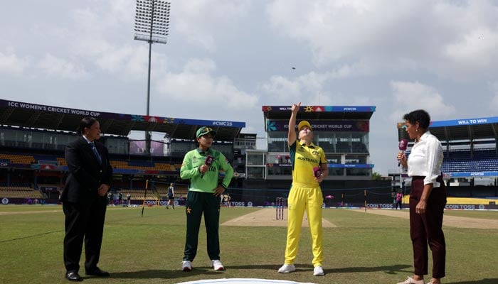 Pakistan captain Fatima Sana (left) and Australia’s Alyssa Healy at the toss ahead of their ICC Women’s World Cup 2025 match at R. Premadasa Stadium in Colombo on October 8, 2025. — X/@TheRealPCB