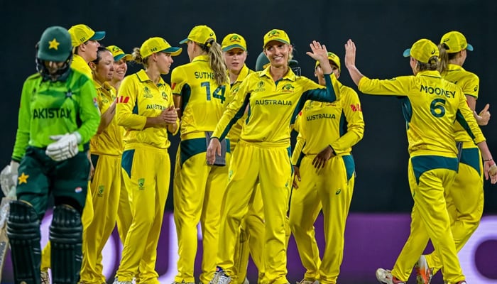 Australia players celebrate Sidra Amins wicket during the ICC Womens World Cup 2025 match against Pakistan at the R Premadasa Stadium, Colombo, on October 8, 2025. — AFP