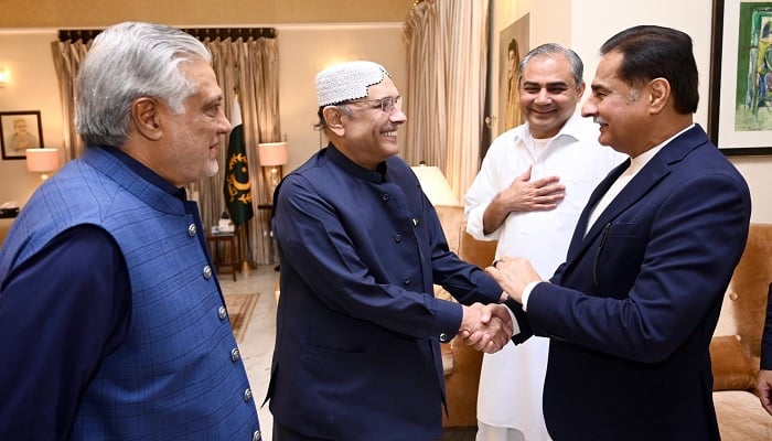 Deputy Prime Minister and Foreign Minister Senator Ishaq Dar (left), President Asif Ali Zardari, Interior Minister Mohsin Naqvi, and Speaker Ayaz Sadiq greet each other ahead of a key meeting at Zardari House in Nawabshah on October 8, 2025. — X/PresOfPakistan.