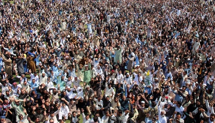 Supporters of the Joint Awami Action Committee (JAAC), an alliance of Kashmir civil rights groups, chant slogans as they gather to attend the funeral of men who were killed during a protest following a shutter-down strike in Muzaffarabad, the capital of Pakistan-administered Kashmir, Pakistan October 2, 2025.— Reuters