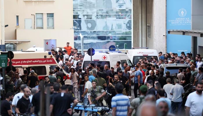 Ambulances arrive to American University of Beirut Medical Center (AUBMC) as more than 1,000 people, including Hezbollah fighters and medics, were wounded when the pagers they use to communicate exploded across Lebanon, on September 17, 2024. — Reuters