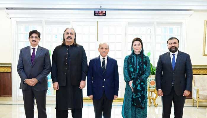 PM Shehbaz Sharif (centre) poses with CMs of Sindh, KP, Punjab and Balochistan on occasion of  National Economic Council meeting on June 4, 2025. — Facebook@ShehbazSharif