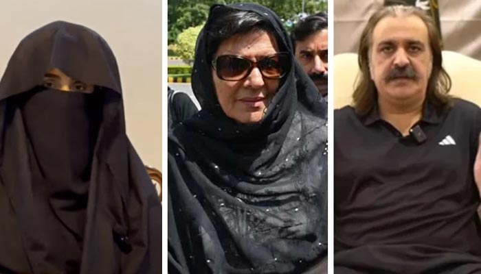 (From left) Bushra Bibi, Aleema Khan (centre) and KP CM Ali Amin Gandapur. —YouTube/PTIOfficialPK/AFP/ Facebook@AliAminKhanGandapurPti/File