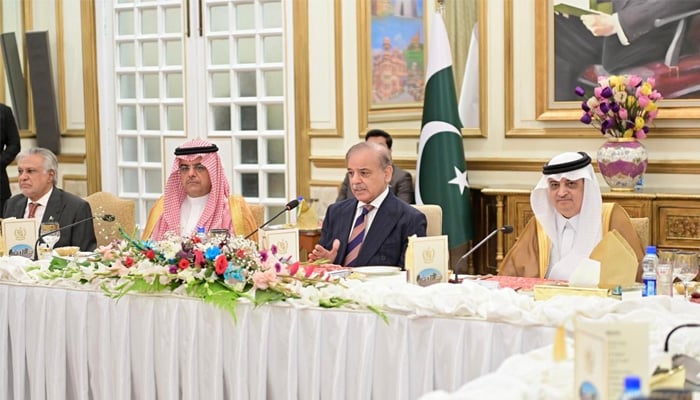PM Shehbaz Sharif speaks at an event to host high-level Saudi business delegation in Karachi on October 8, 2025. — X@GovtofPakistan