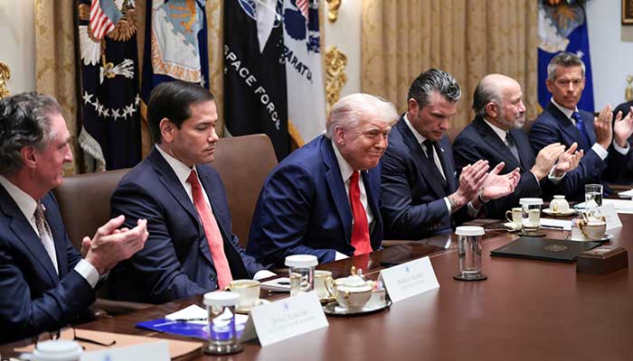 US President Donald Trump reacts as Secretary of State Marco Rubio speaks about Israel and Hamas agreeing on the first phase of a Gaza ceasefire, during a cabinet meeting at the White House in Washington, DC, US, October 9, 2025. — Reuters